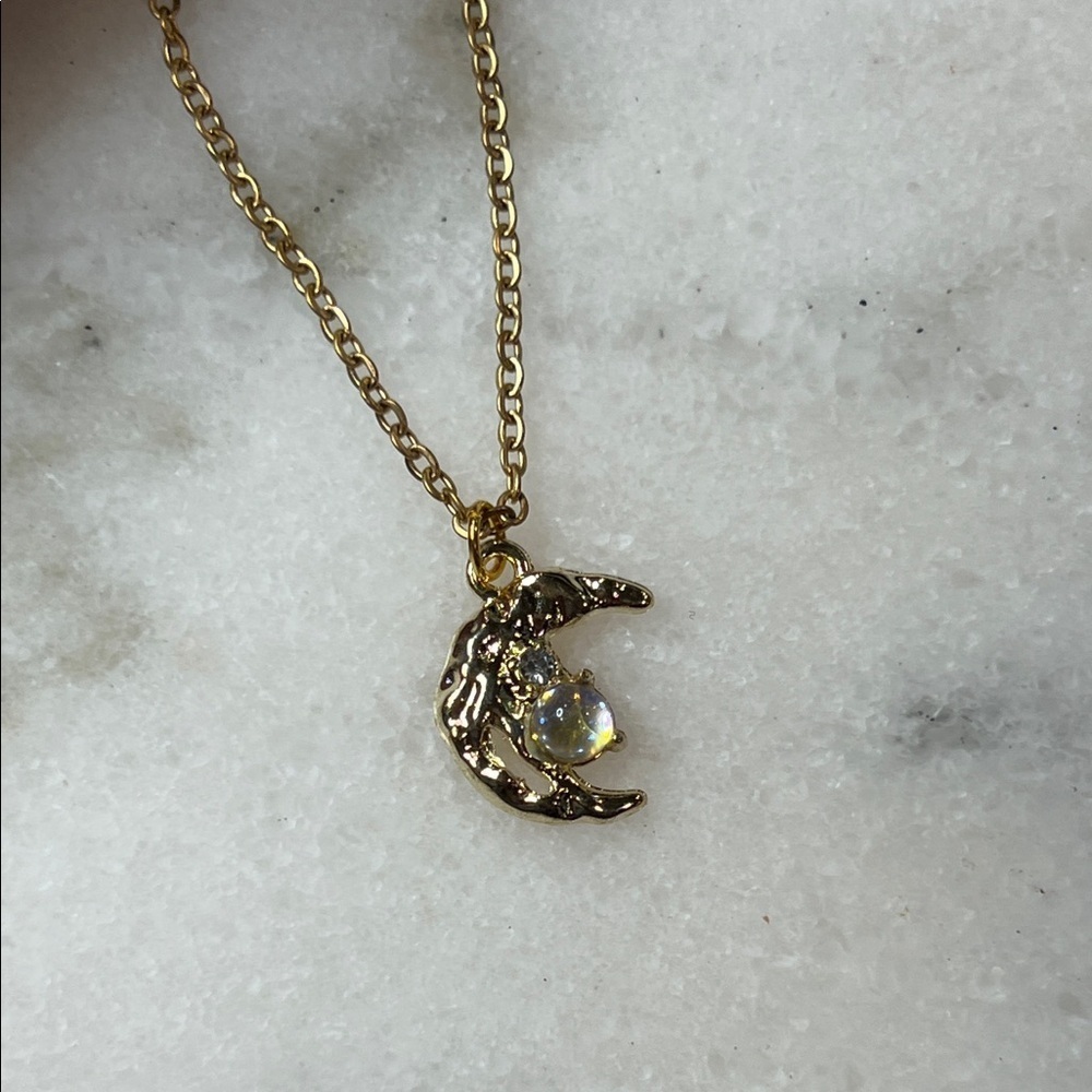 Lunar Gold Rhinestone Pendant Necklace with Gemstone